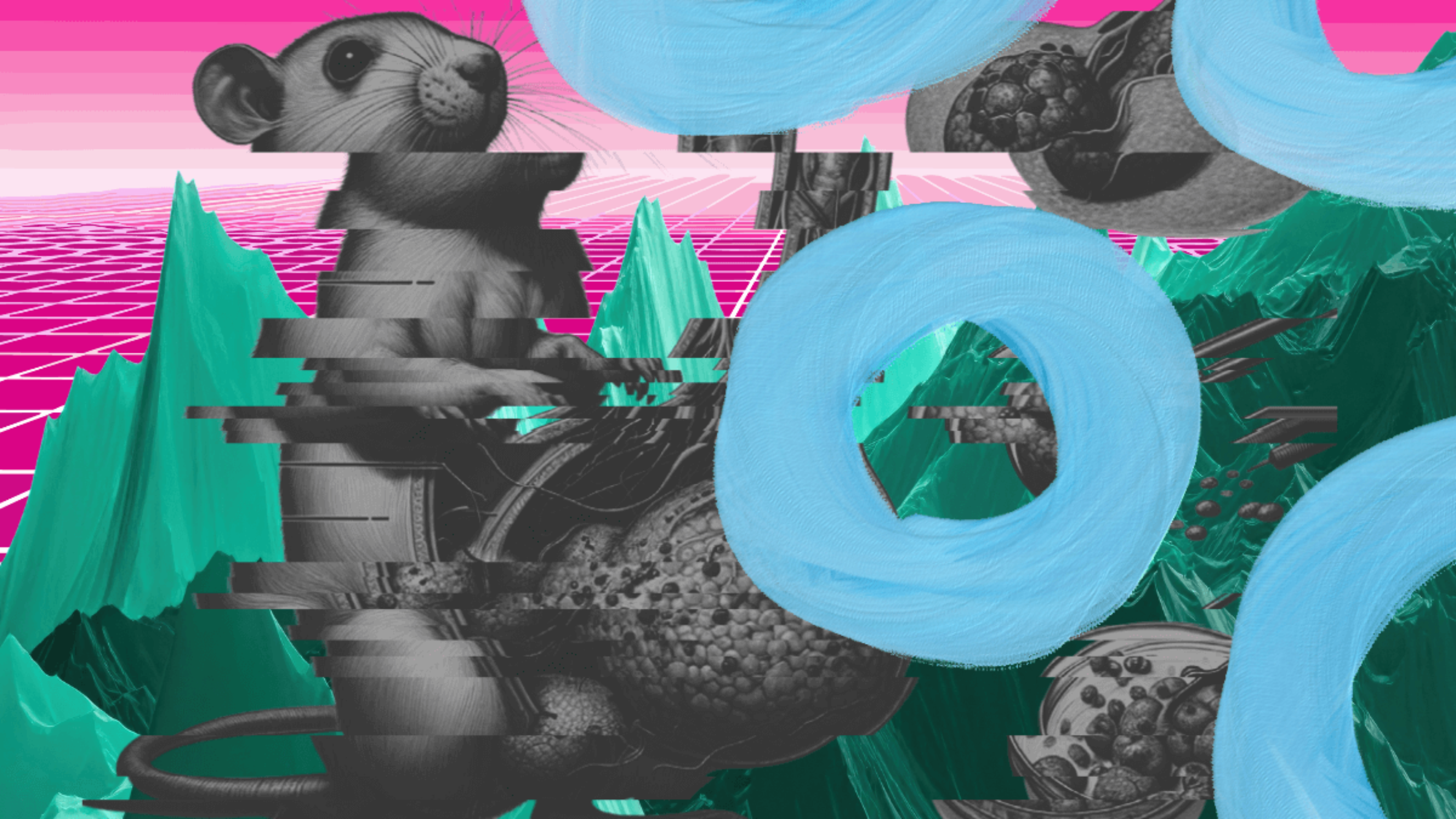 On the left is a grey-scale version of a rat with inaccurate and oversized reproductive organs recognisable from an academic article which contained AI slop. The image has been edited to be sliced, and blue painted torus icons overlay the image. The background features a green mountainous range with a magenta tiled floor and gradient sky.